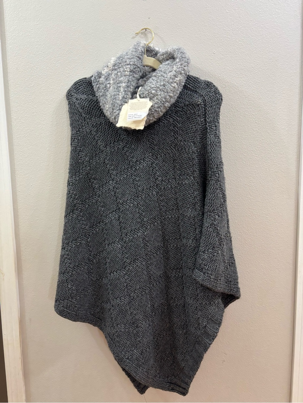 Cocogio Cozy Charcoal Gray Knit Poncho with Light Gray Cowl Neck